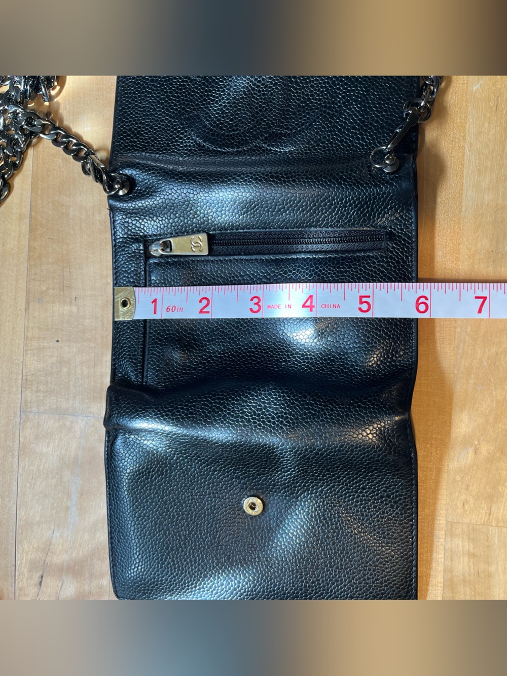 CHANEL Black Quilted Caviar Leather Crossbody Wallet with Chain - Picture 6 of 13